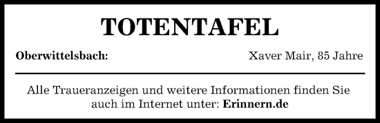 Traueranzeige von Totentafel vom 24.10.2024 von Aichacher Nachrichten