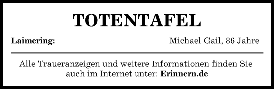 Traueranzeige von Totentafel vom 26.10.2024 von Aichacher Nachrichten