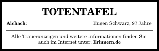Traueranzeige von Totentafel vom 31.10.2024 von Aichacher Nachrichten