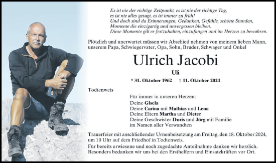 Traueranzeige von Ulrich Jacobi von Aichacher Nachrichten