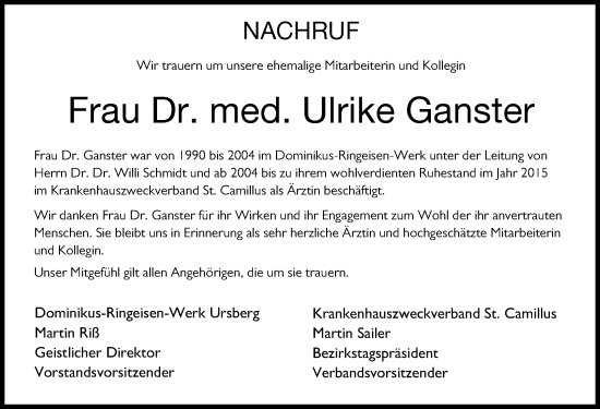 Traueranzeige von Ulrike Ganster von Mittelschwäbische Nachrichten