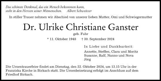 Traueranzeige von Ulrike Ganster von Neu-Ulmer Zeitung