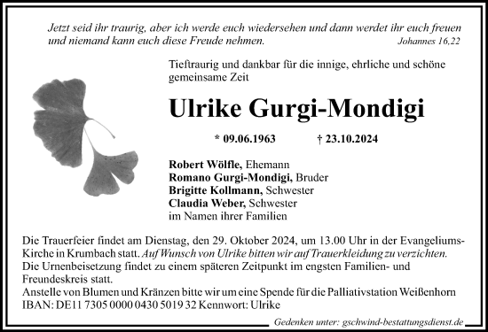 Traueranzeige von Ulrike Gurgi-Mondigi von Mittelschwäbische Nachrichten