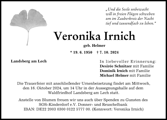 Traueranzeige von Veronika Irnich von Landsberger Tagblatt