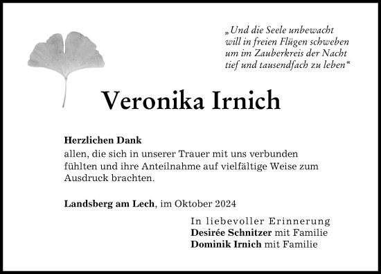 Traueranzeige von Veronika Irnich von Landsberger Tagblatt