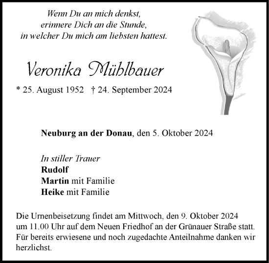 Traueranzeige von Veronika Mühlbauer von Neuburger Rundschau