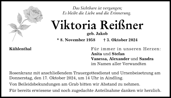 Traueranzeige von Viktoria Reißner von Augsburg-Land