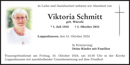 Traueranzeige von Viktoria Schmitt von Mindelheimer Zeitung