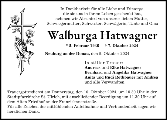 Traueranzeige von Walburga Hatwagner von Neuburger Rundschau