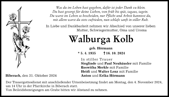 Traueranzeige von Walburga Kolb von Neu-Ulmer Zeitung