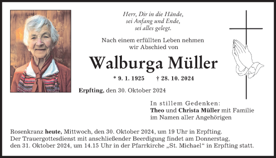 Traueranzeige von Walburga Müller von Landsberger Tagblatt