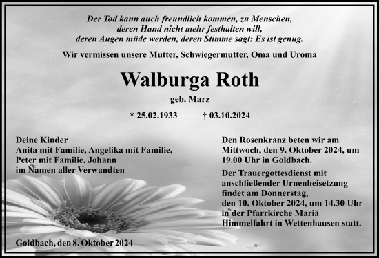 Traueranzeige von Walburga Roth von Günzburger Zeitung