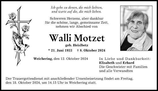 Traueranzeige von Walli Motzet von Neuburger Rundschau