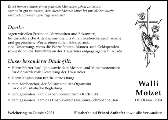 Traueranzeige von Walli Motzet von Neuburger Rundschau