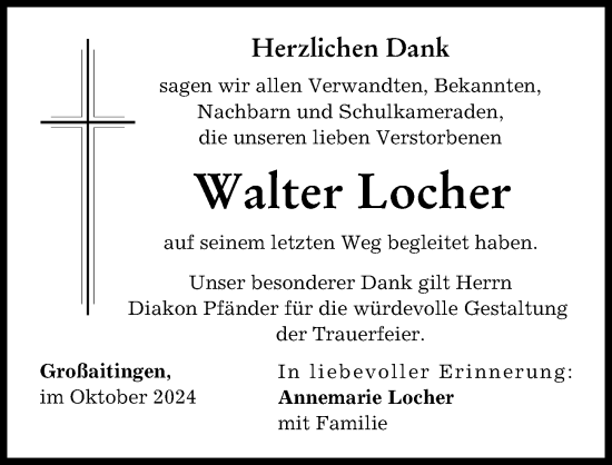 Traueranzeige von Walter Locher von Schwabmünchner Allgemeine