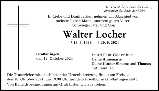Traueranzeige von Walter Locher von Schwabmünchner Allgemeine