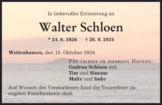 Traueranzeige von Walter Schloen von Günzburger Zeitung