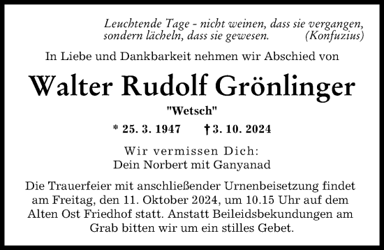 Traueranzeige von Walter Rudolf Grönlinger von Augsburger Allgemeine