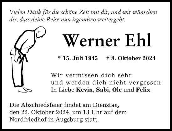 Traueranzeige von Werner Ehl von Augsburger Allgemeine