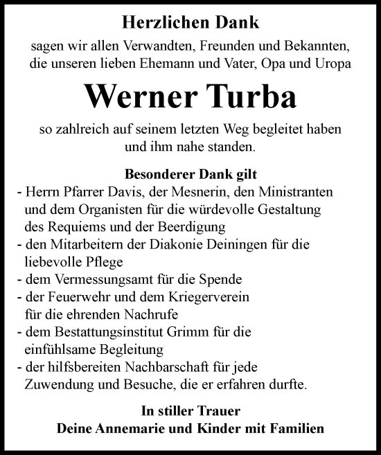 Traueranzeige von Werner Turba von Rieser Nachrichten
