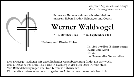 Traueranzeige von Werner Waldvogel von Donauwörther Zeitung