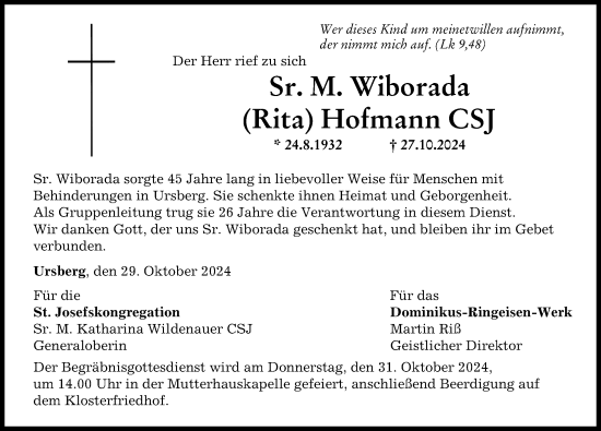 Traueranzeige von Wiborada Hofmann von Mittelschwäbische Nachrichten