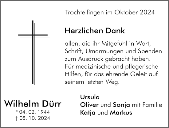 Traueranzeige von Wilhelm Dürr von Rieser Nachrichten