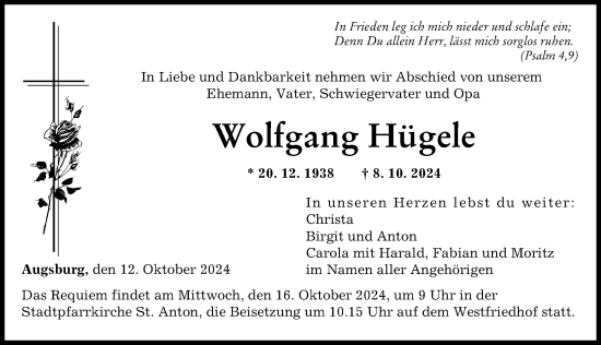 Traueranzeige von Wolfgang Hügele von Augsburger Allgemeine