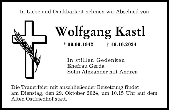 Traueranzeige von Wolfgang Kastl von Schwabmünchner Allgemeine