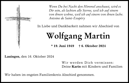 Traueranzeige von Wolfgang Martin von Donau Zeitung