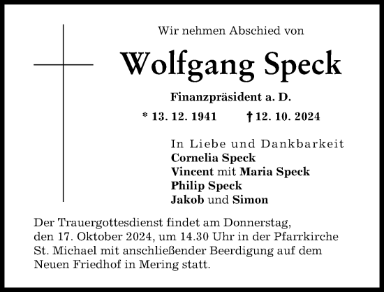 Traueranzeige von Wolfgang Speck von Friedberger Allgemeine