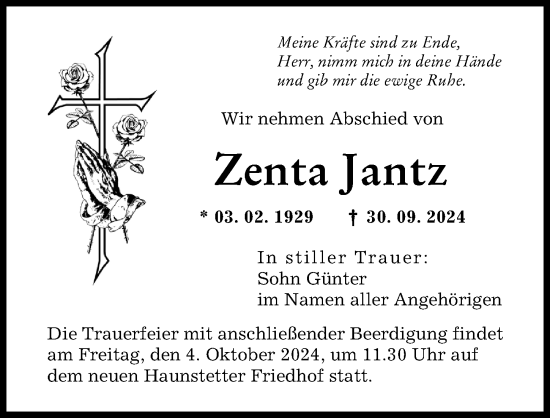 Traueranzeige von Zenta Jantz von Augsburger Allgemeine
