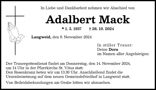 Traueranzeige von Adalbert Mack von Augsburger Allgemeine