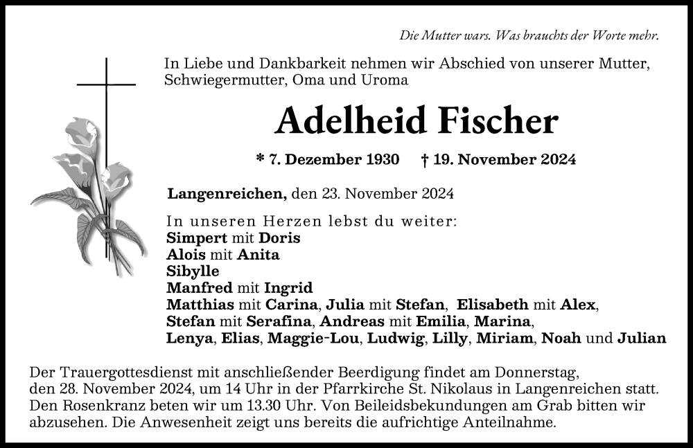  Traueranzeige für Adelheid Fischer vom 23.11.2024 aus Wertinger Zeitung, Augsburg-Land