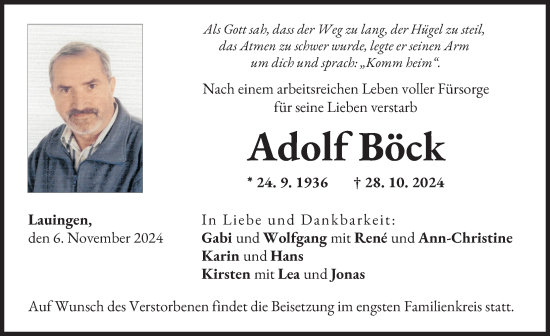 Traueranzeige von Adolf Böck von Donau Zeitung