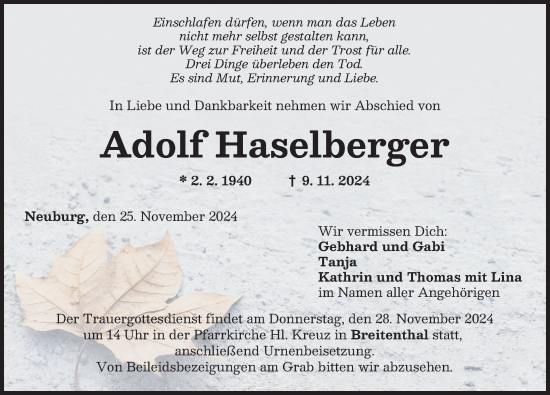 Traueranzeige von Adolf Haselberger von Mittelschwäbische Nachrichten