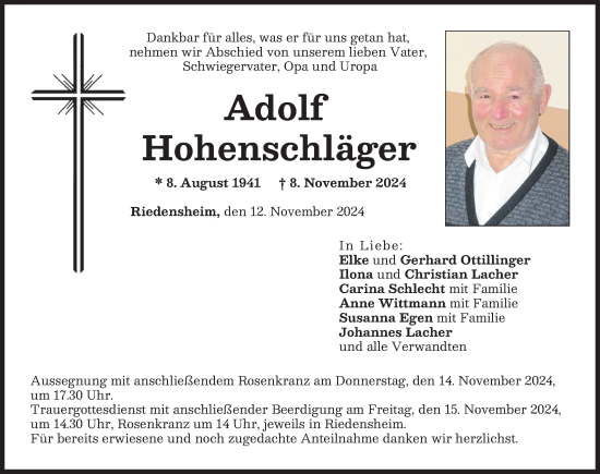 Traueranzeige von Adolf Hohenschläger von Neuburger Rundschau