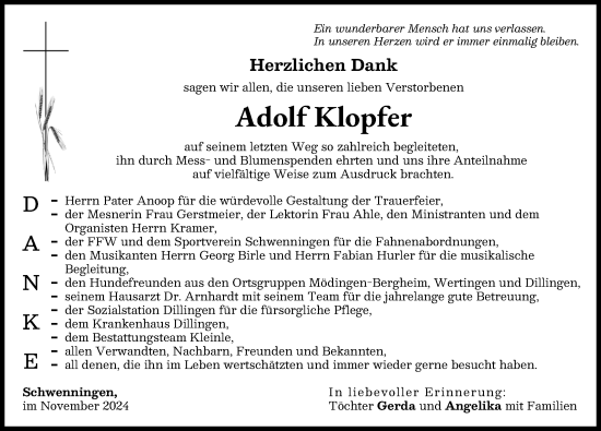 Traueranzeige von Adolf Klopfer von Donau Zeitung