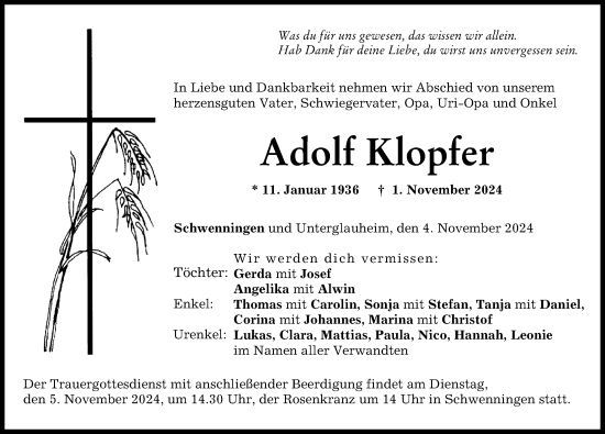 Traueranzeige von Adolf Klopfer von Donau Zeitung