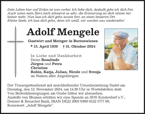 Traueranzeige von Adolf Mengele von Wertinger Zeitung, Donau Zeitung