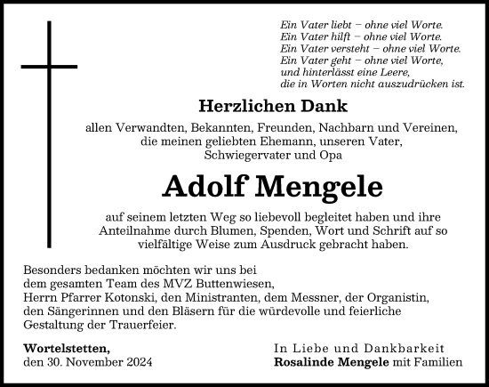Traueranzeige von Adolf Mengele von Wertinger Zeitung