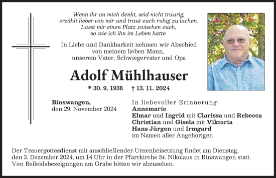 Traueranzeige von Adolf Mühlhauser von Wertinger Zeitung