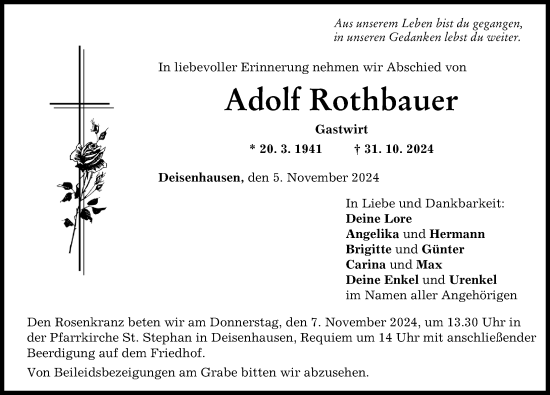 Traueranzeige von Adolf Rothbauer von Mittelschwäbische Nachrichten