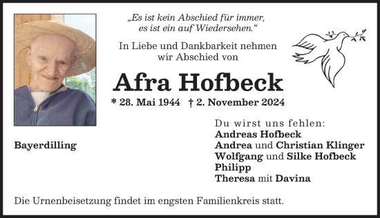 Traueranzeige von Afra Hofbeck von Neuburger Rundschau, Donauwörther Zeitung