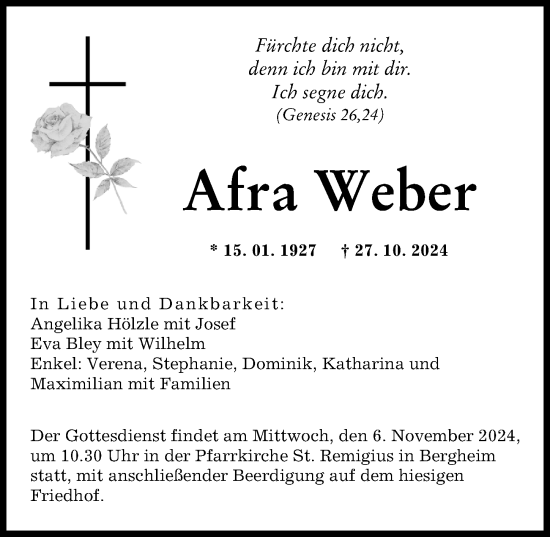 Traueranzeige von Afra Weber von Augsburger Allgemeine