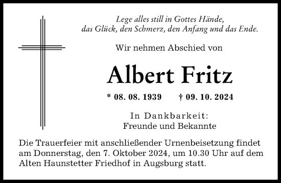 Traueranzeige von Albert Fritz von Augsburger Allgemeine