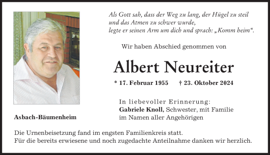 Traueranzeige von Albert Neureiter von Donauwörther Zeitung