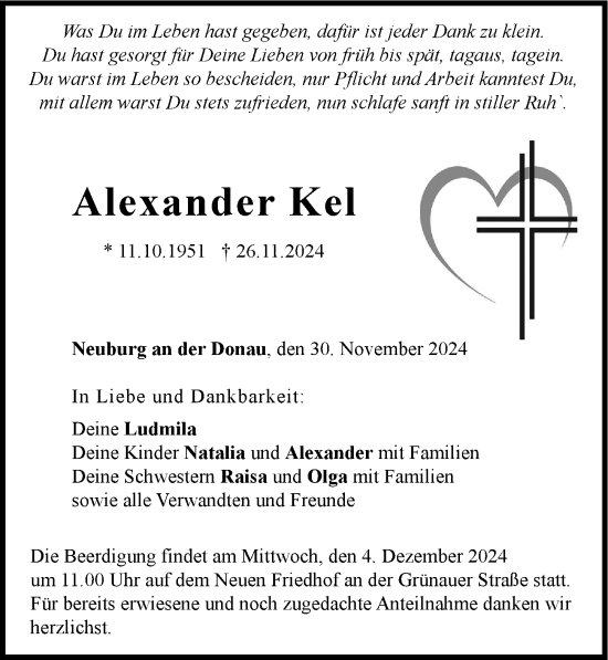 Traueranzeige von Alexander Kel von Neuburger Rundschau
