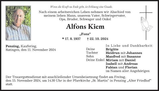 Traueranzeige von Alfons Kiem von Landsberger Tagblatt
