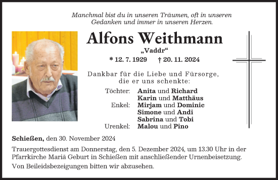 Traueranzeige von Alfons Weithmann von Neu-Ulmer Zeitung